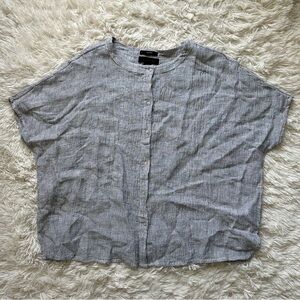 Tahari 100% Linen Blouse XS Gray Button Front Lightweight Short Sleeve Top NWT